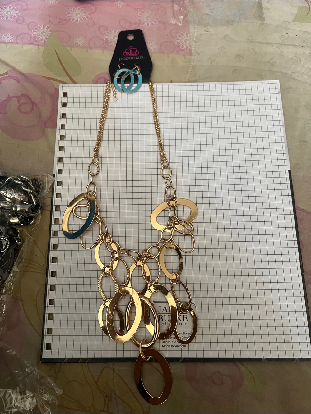 paparazzi Gold and Teal Layered Oval Statement Necklace Set